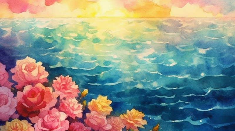 唯美清新自然风景花朵海边日出插画手绘背景壁纸,插画/手绘图,插画/手绘图库,插画/手绘图下载,插画/手绘